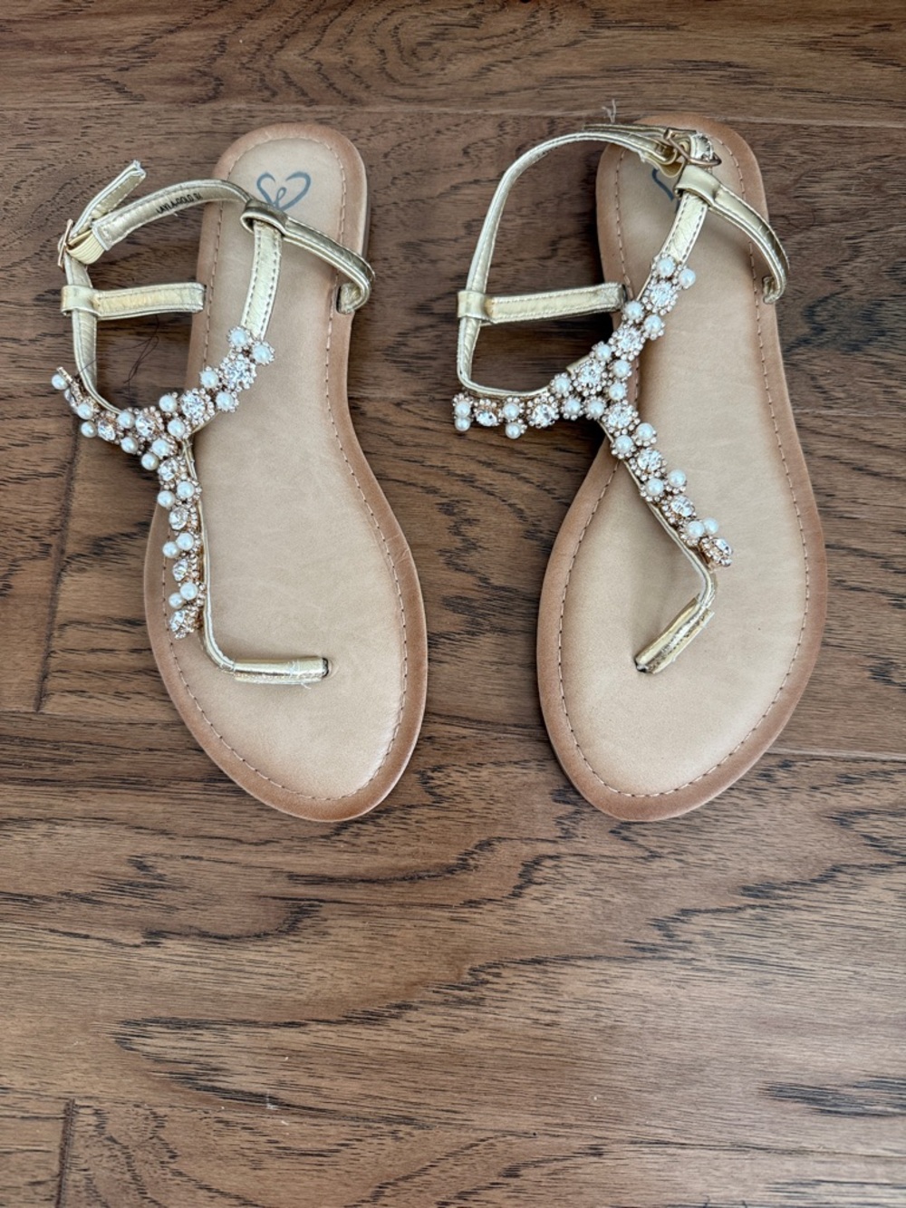 Gold Jeweled T-Strap Women's Sandals Size 8.5